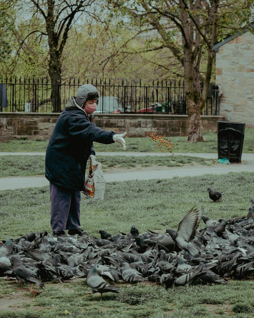 elderly person feeding birds